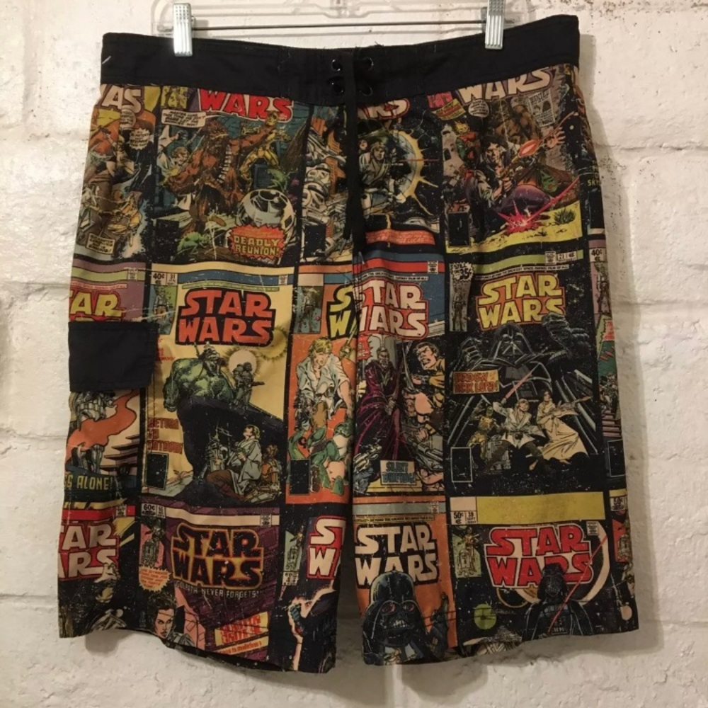 Star Wars Comic Strip Black Lace Up Swim Suit Trunks Board Shorts Men's Size L